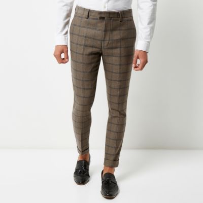 Ecru checked skinny cropped suit trousers